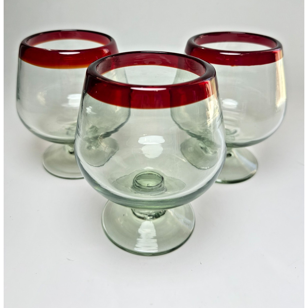 Set of 3 Mexican Hand Blown Glass Goblets Brandy Snifter Red Rim Trim Recycled